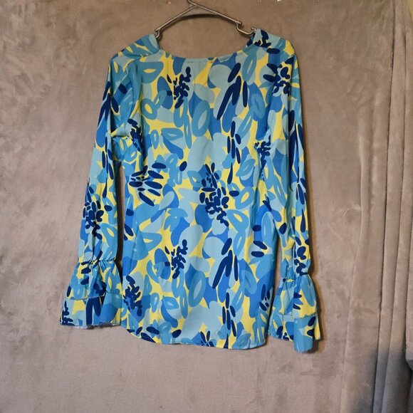 Estee Brown Dopamine Bright Floral Long-Sleeve Blouse flounce Cuffs V-Neckline M - Picture 3 of 9
